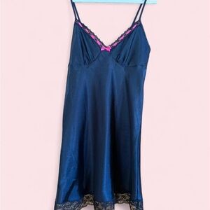 Vintage Black Satin Slip Dress w/ Pink Bow